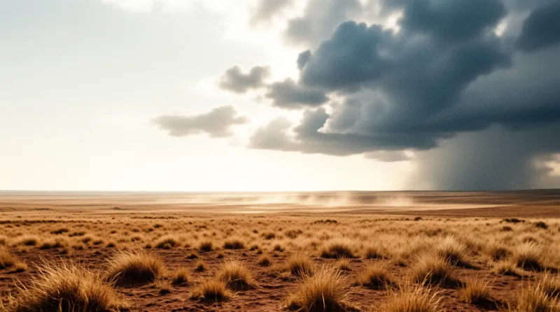 Vast dry grassland under a dramatic sky with dark storm clouds on the right and bright sunlight on the left horizon.
