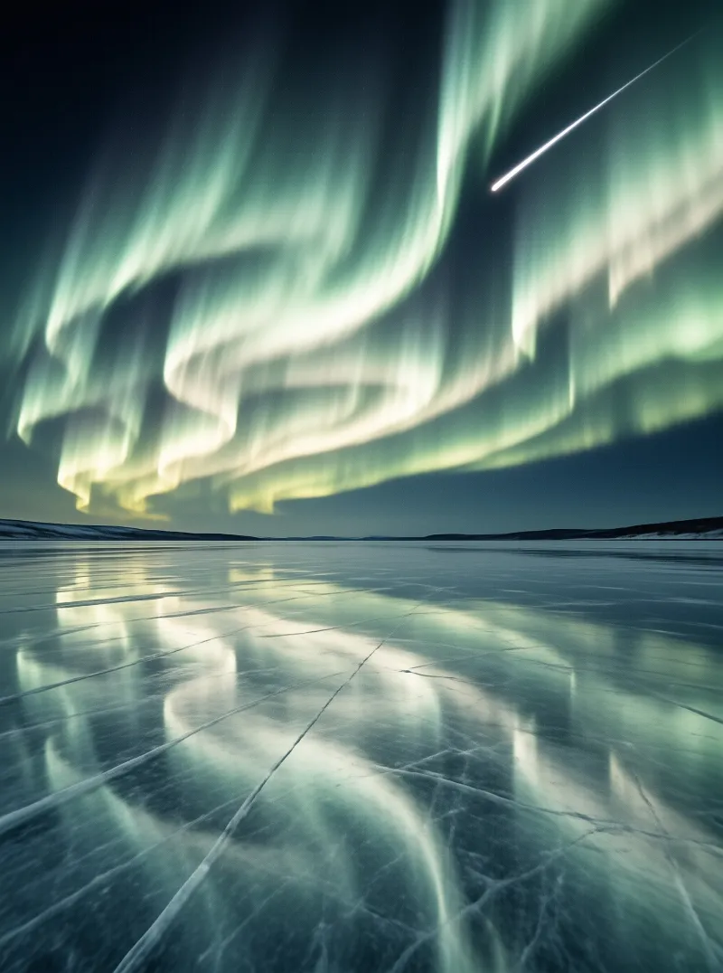 Green and yellow northern lights sweep across the night sky above a glassy cracked frozen lake that reflects their full glow.