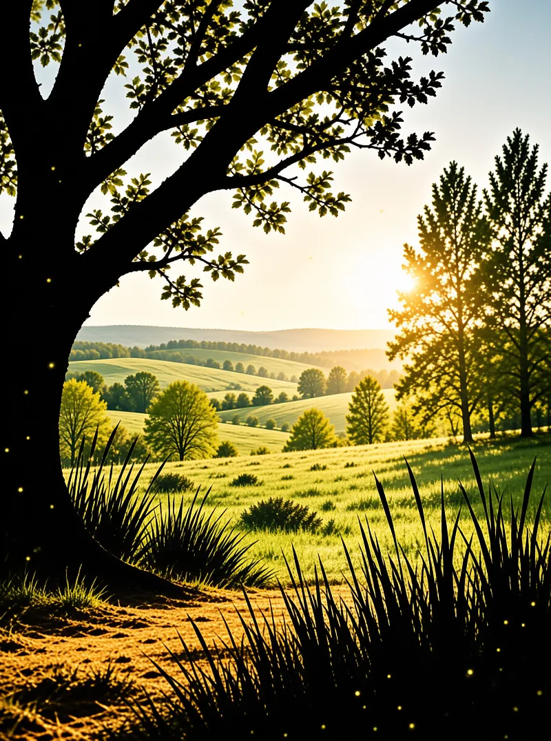 A large tree frames a landscape of green hills and trees under a bright sun, with tall grass in the foreground.