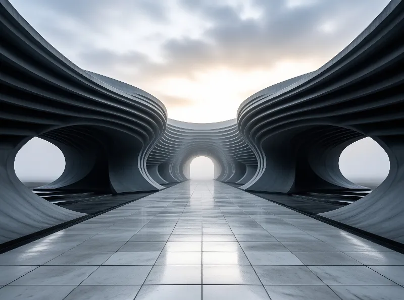 A symmetrical concrete tunnel with curved ribs opens to a bright sky and features a glossy tiled floor.