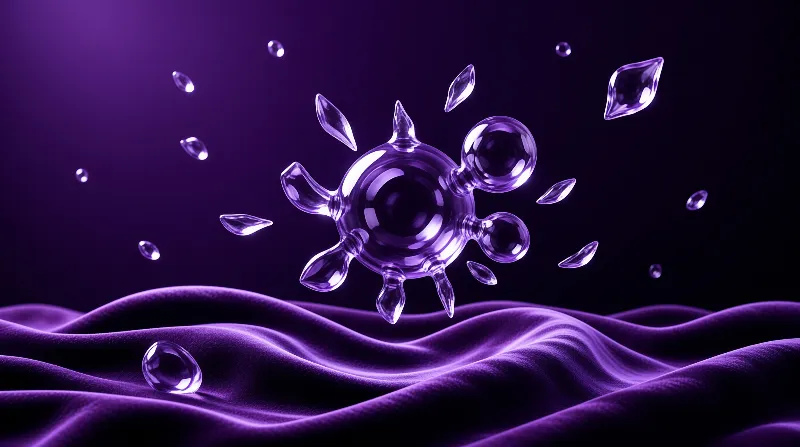 A glossy purple virus-like structure with protrusions floats above rippling velvet fabric surrounded by scattered droplets.