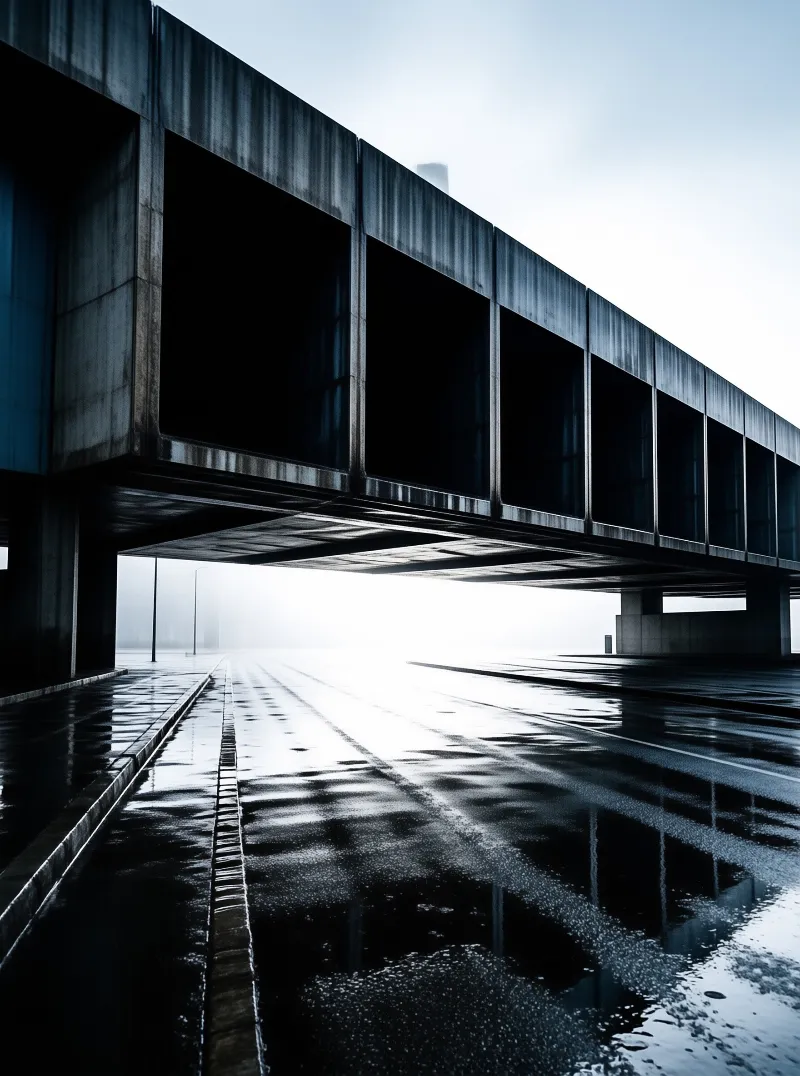 A dark concrete skyway spans above a flooded plaza whose wet pavement mirrors the foggy sky