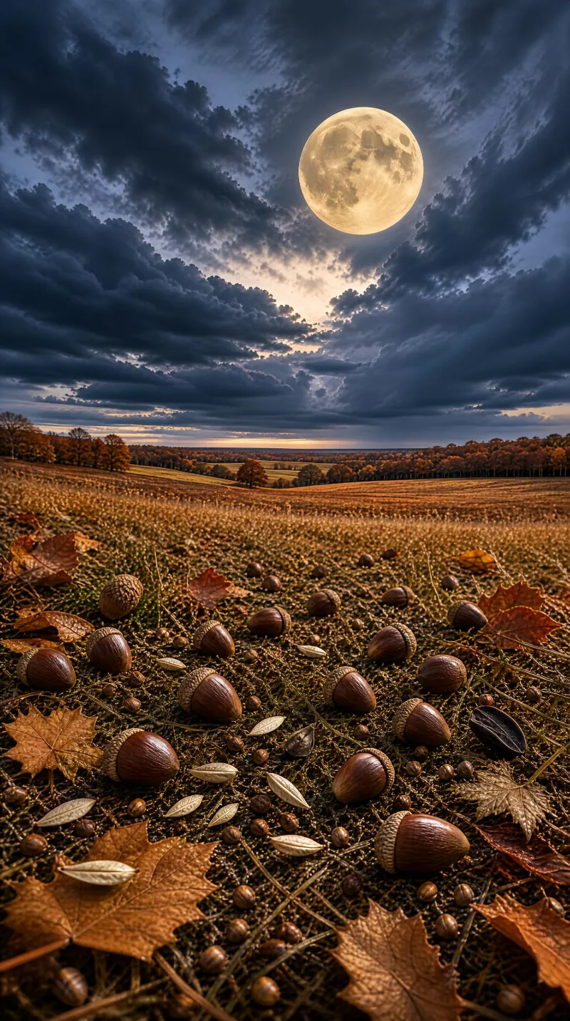 Autumn Night with Full Moon and Acorns