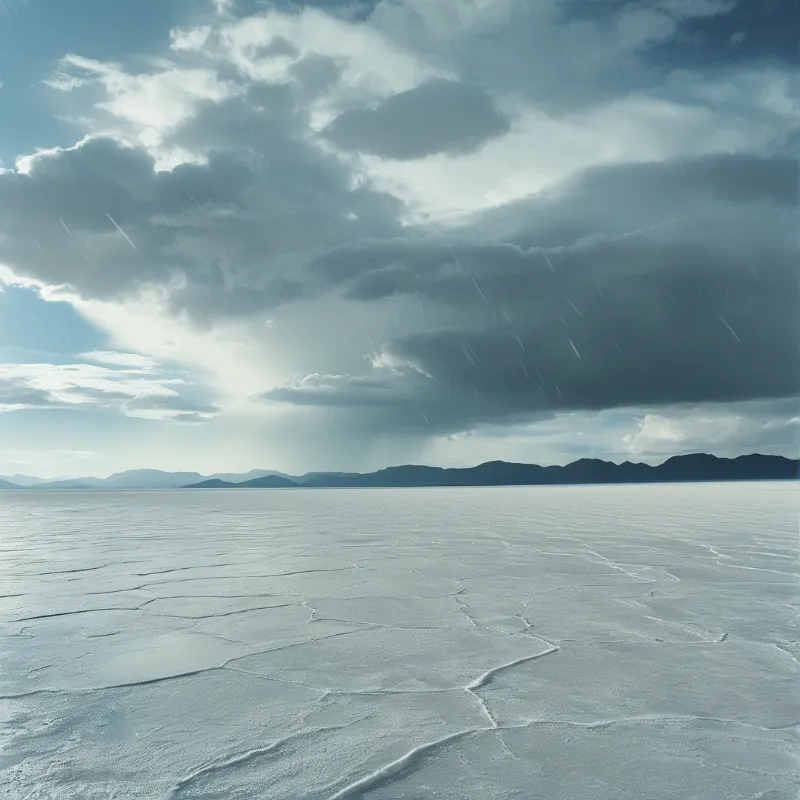 Cracked white terrain stretches toward dark mountains beneath a moody sky with light breaking through heavy storm clouds.