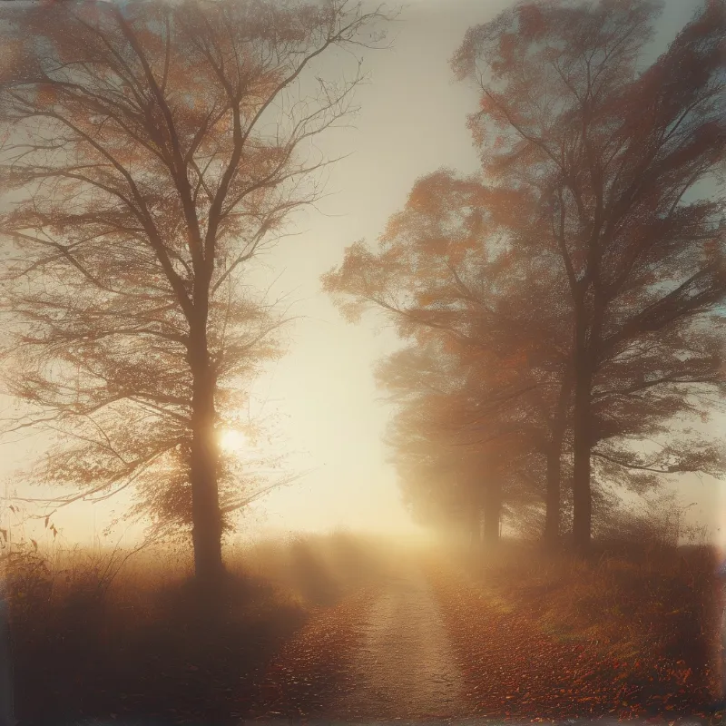 A winding dirt road passes through a dense forest shrouded in golden morning fog.