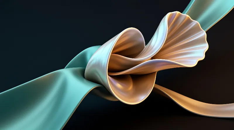A smooth twisted ribbon of material displays a gradient from cyan to gold against a deep black background.