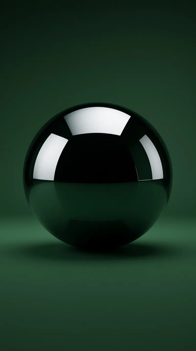 A reflective black orb rests on a seamless dark green backdrop displaying three white highlights along the top curve.