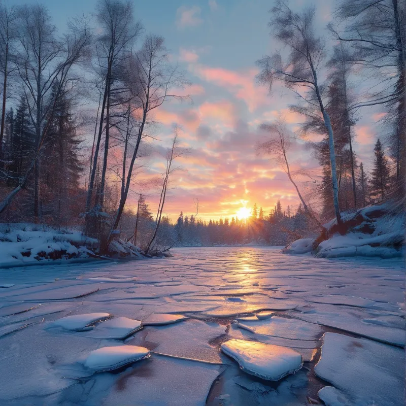 Broken ice on a snowy river reflects the orange glow of the setting sun amidst a forest of bare trees.