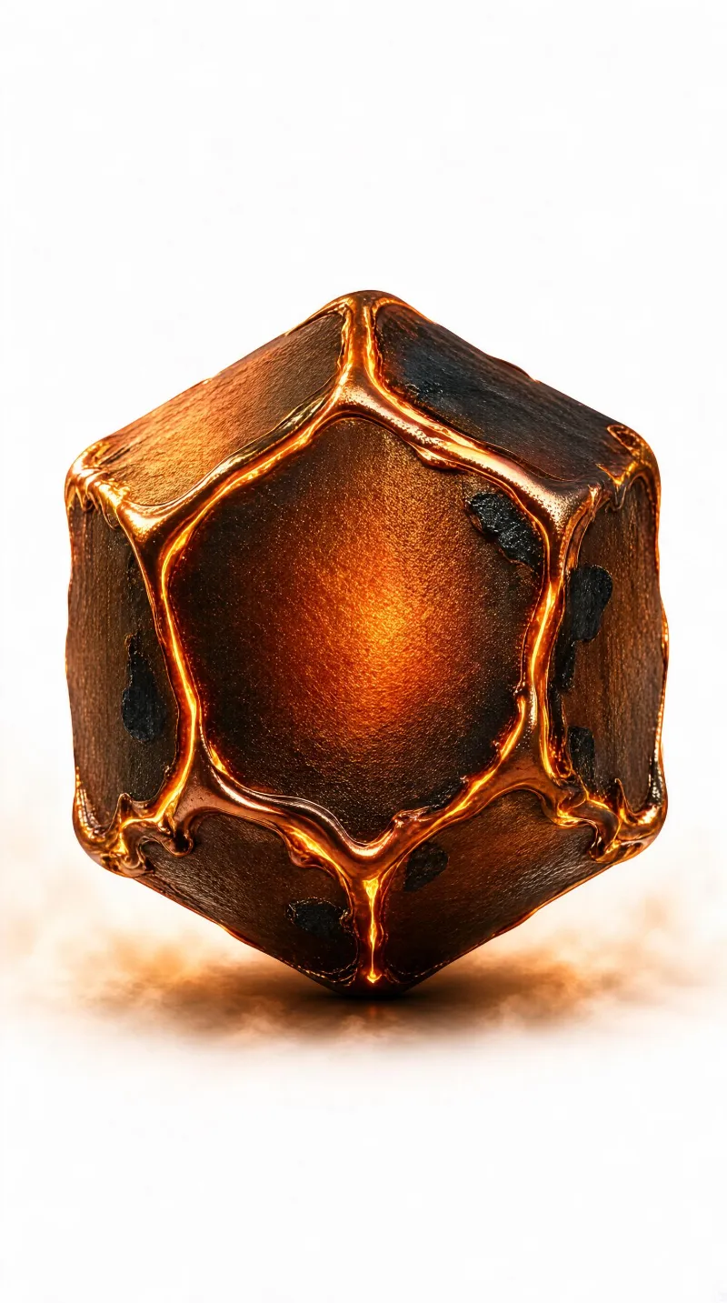 A bronze cube with molten, glowing edges sits on a white surface, its warm tones contrasting with the dark patches and smooth texture