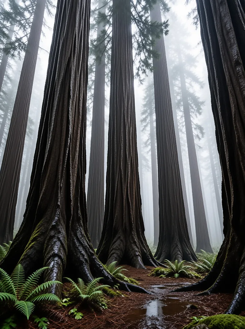 Low angle view of massive sequoia trunks rising above wet ferns and moss while thick grey fog obscures the forest canopy.