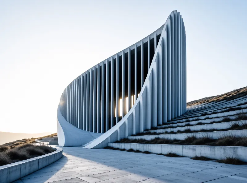A sweeping wall of white columns arcs over a plaza, with sunlight flaring through its slanted openings.