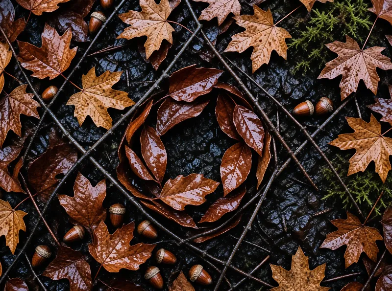 Overhead view of wet autumn foliage and acorns resting on a dark damp surface with scattered twigs.