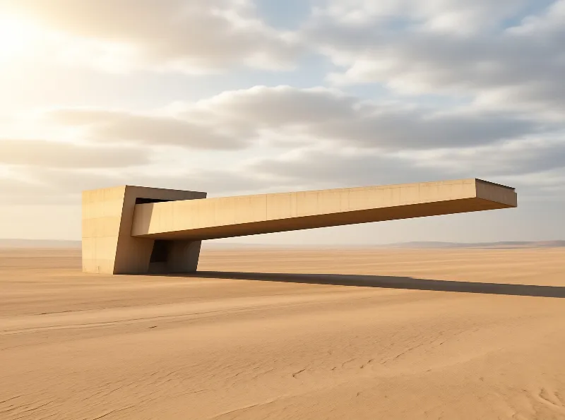 A low concrete building with a wide overhang sits alone in an empty desert lit by warm low sun casting a long shadow on the sand