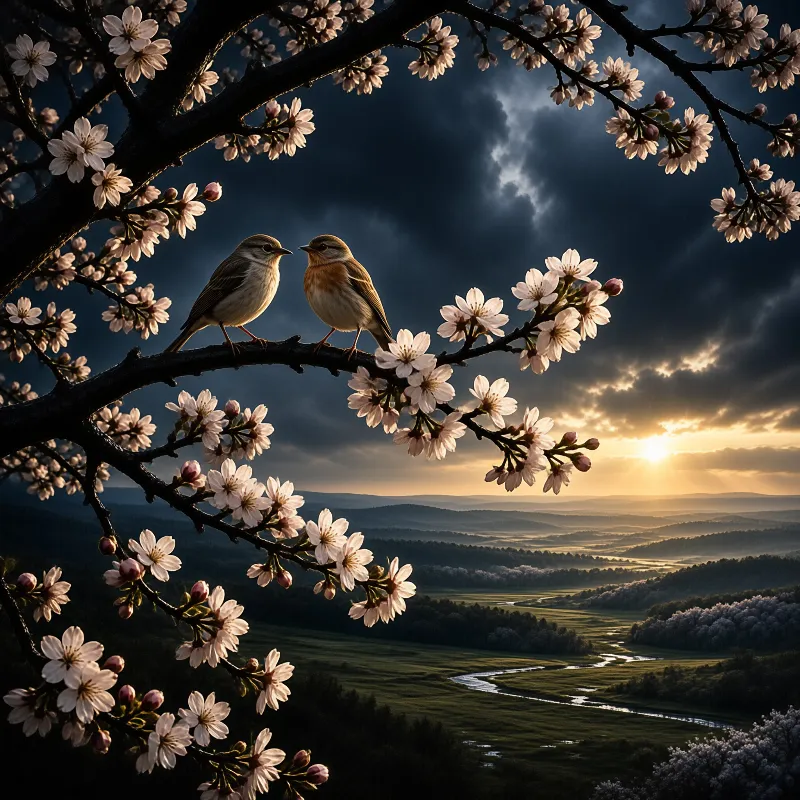 Two small birds perch on a flowering branch overlooking a winding river and rolling hills beneath a dramatic sunset sky.