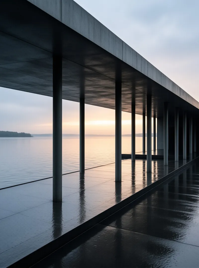 A series of slender pillars holds up a flat roof structure next to a calm body of water during golden hour.