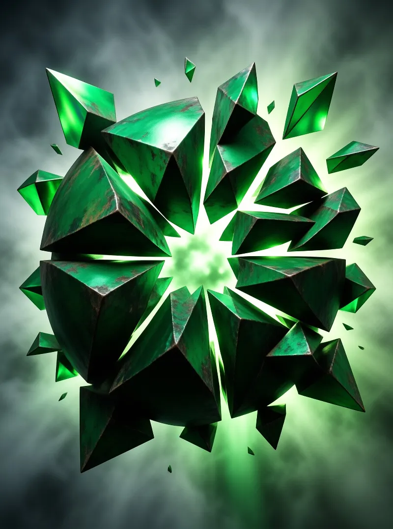 Dark green gem fragments burst outward from a glowing center against a foggy background with radiant light.