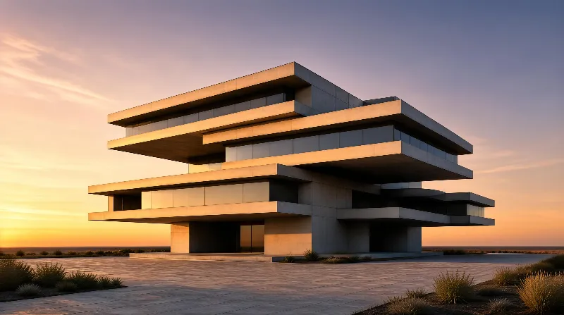 A modern concrete building with multiple layered balconies stands in a flat desert landscape during a warm sunset, its sharp geometric shapes highlighted by golden light.