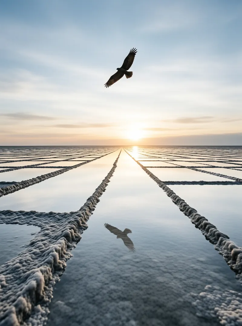 A hawk soars above the geometric ridges of a salt flat while the sun sets on the horizon casting a reflection.