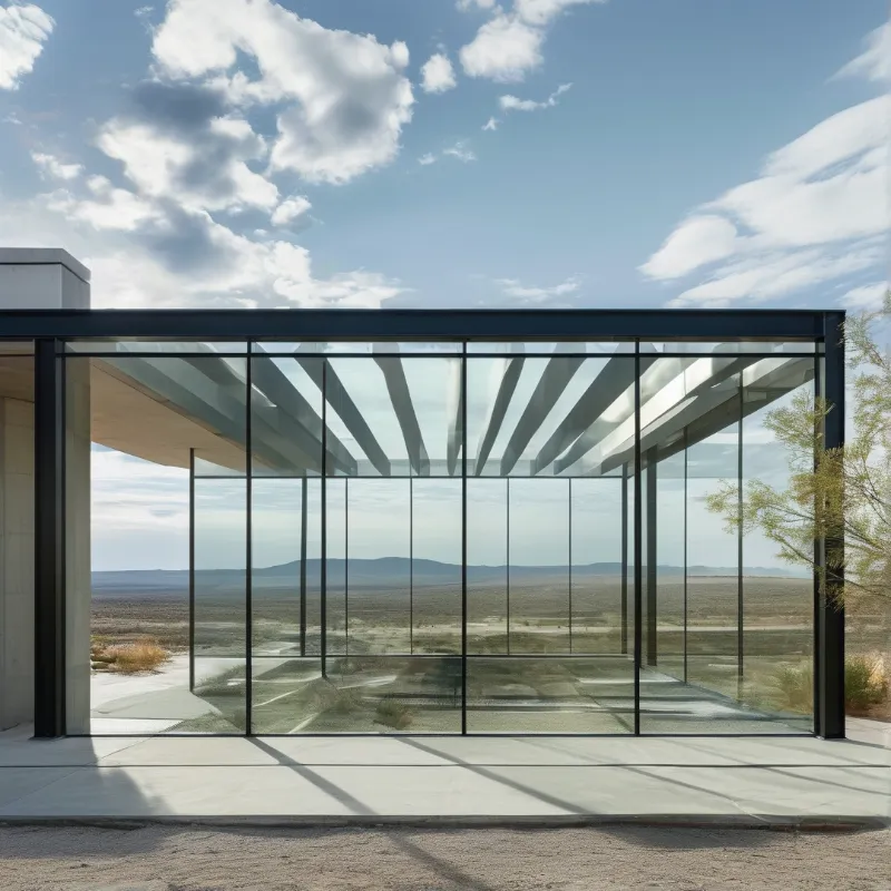 A glass and steel pavilion on a concrete terrace stands in a dry desert with distant mountains and a cloudy sky.