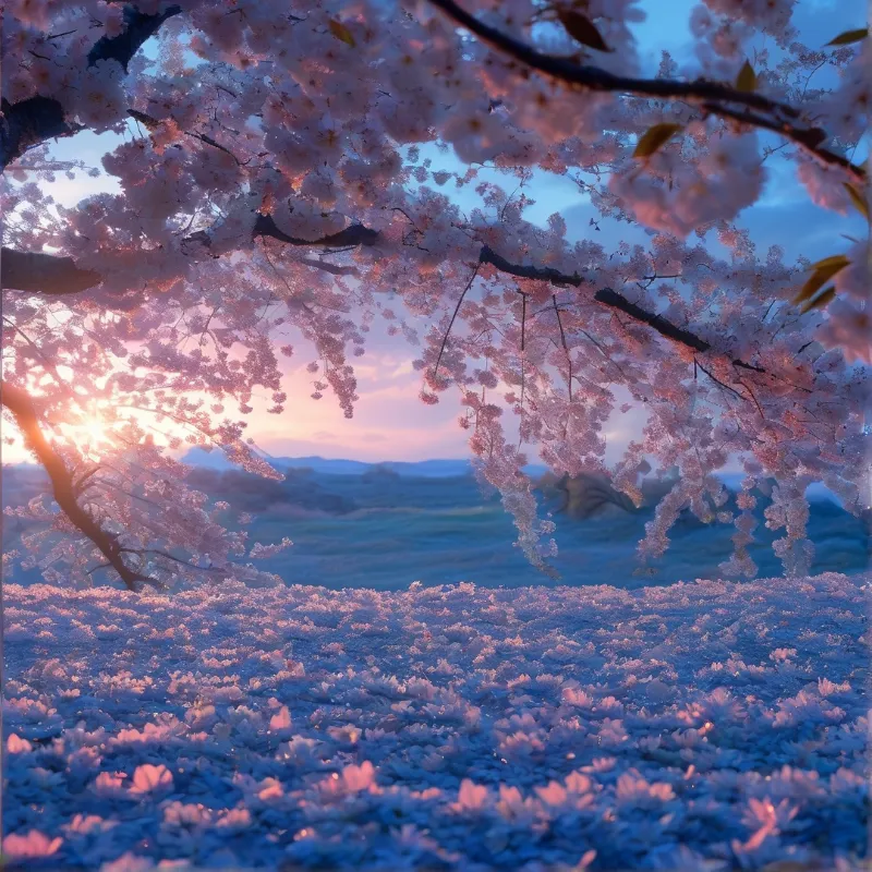 Pink cherry blossoms hang from branches above a petal covered ground while the sun sets behind distant blue hills.