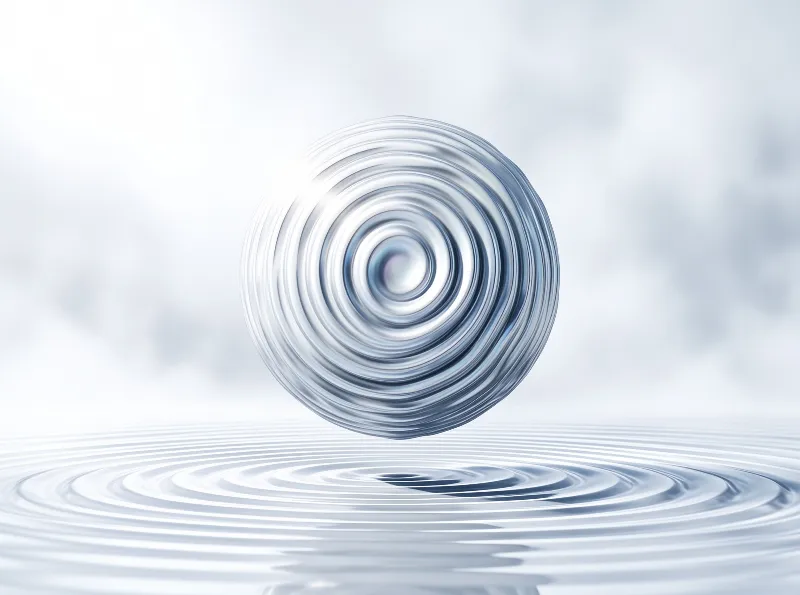 A large translucent orb with concentric rings floats above a calm water surface creating soft blue and white ripples.