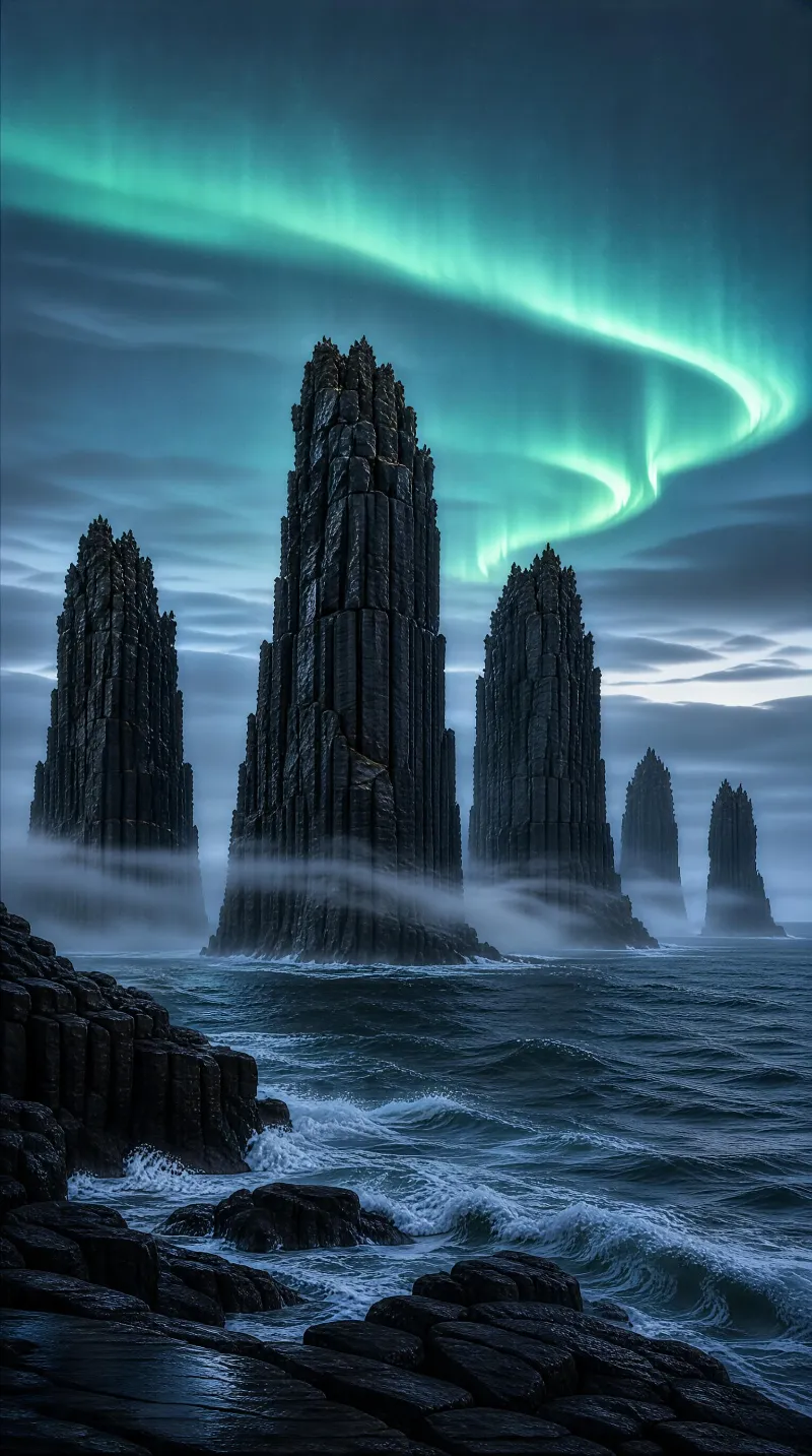 Aurora Above Dark Sea Stacks