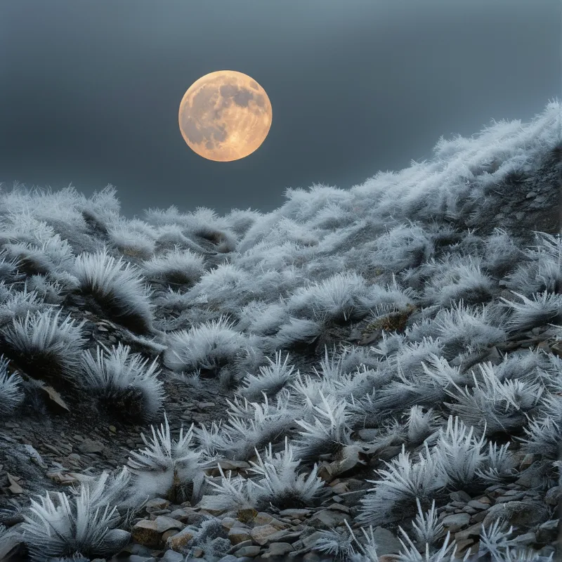 Dark landscape featuring white frosted shrubs and rocks beneath a large orange moon.