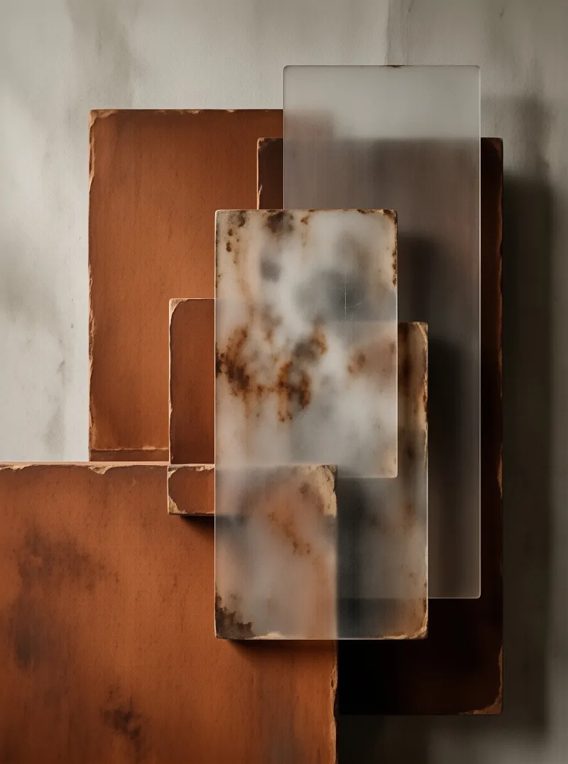A composition of overlapping rusted metal plates and translucent frosted glass panels against a mottled gray wall.
