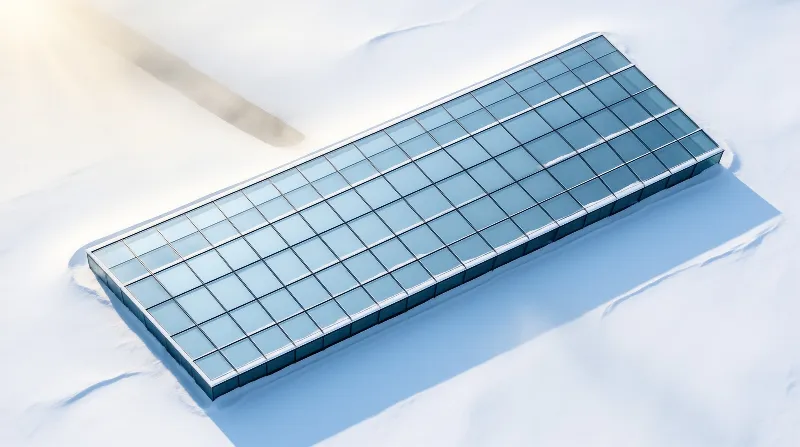 A solar panel with a grid of blue cells lies on snow, casting a long bluish shadow to the lower right in sunlight.