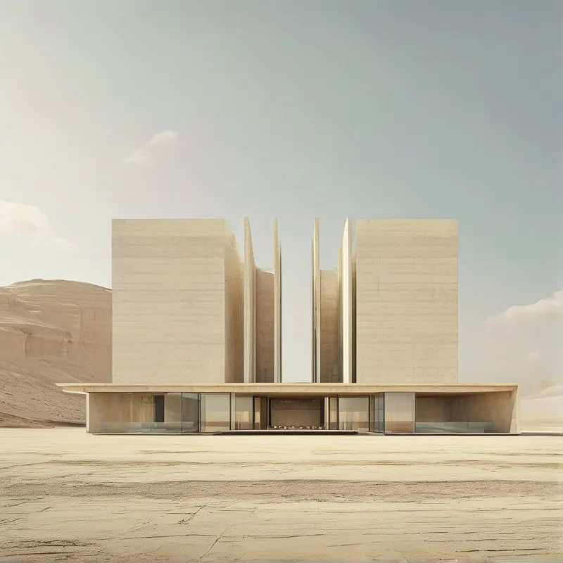 A low-rise minimalist building with tall vertical stone slabs sits atop a cracked arid salt flat under a soft pale hazy sky.