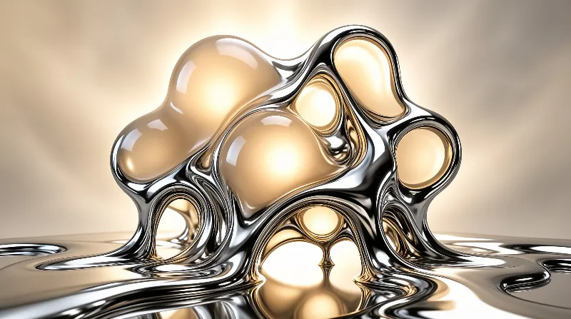 A glossy metallic liquid sculptural form rises from a rippled reflective surface, lit by warm golden backlighting.