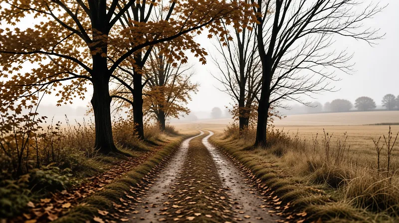 Misty autumn wet dirt lane winds through countryside, flanked by golden and bare trees leading to open fields.