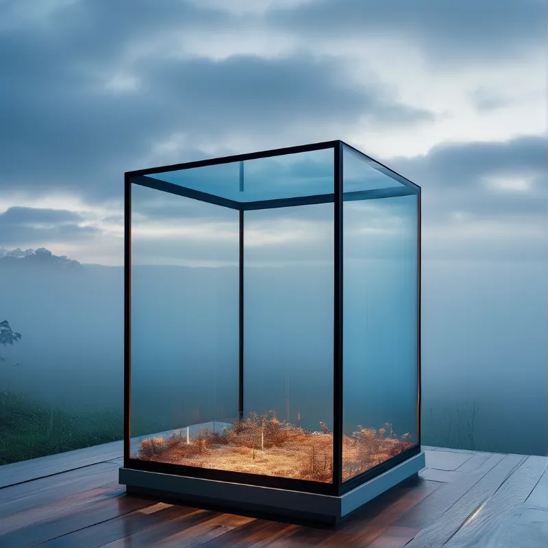 A transparent black framed box sits on a wooden floor enclosing a small section of dry grass while cool foggy hills fill the blue morning background.