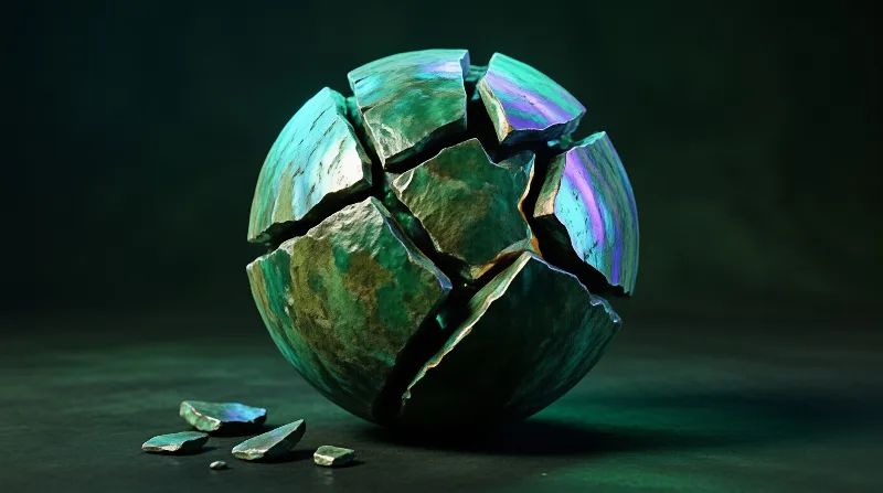 A fractured iridescent sphere displays green and purple hues on a dark surface with scattered fragments nearby.