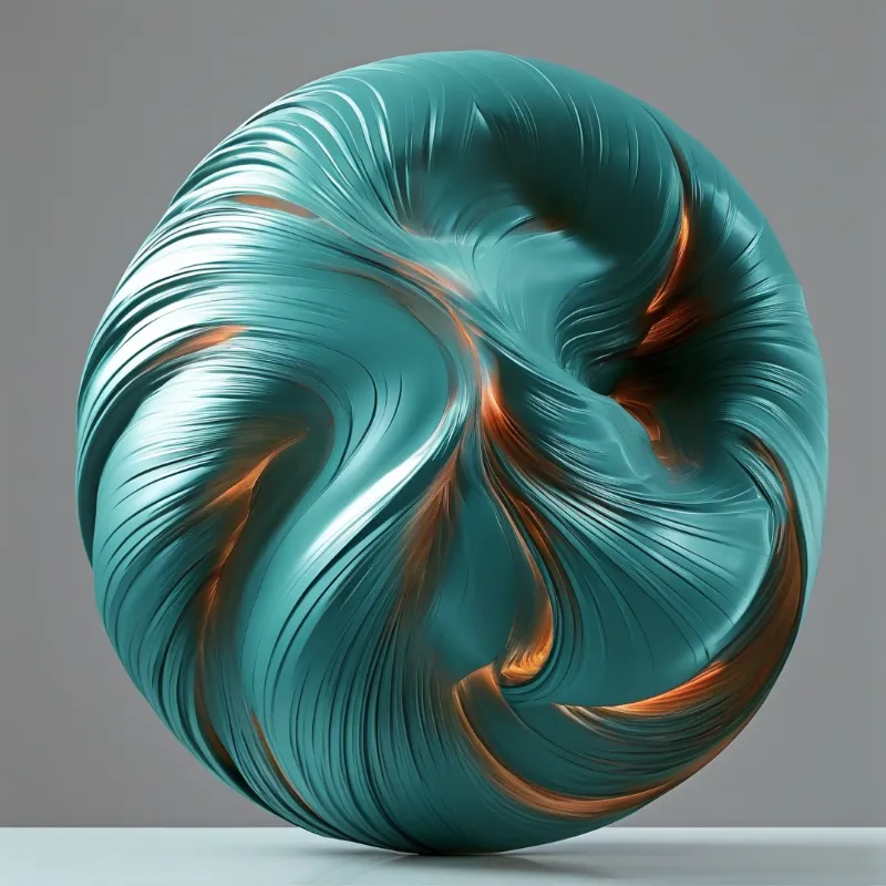 A glossy sphere displaying fluid teal and copper swirls rests on a neutral grey surface.