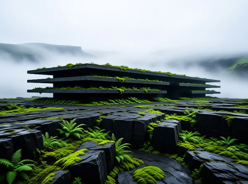 A massive dark building with moss covered layers rises from jagged black rocks in a misty green landscape.