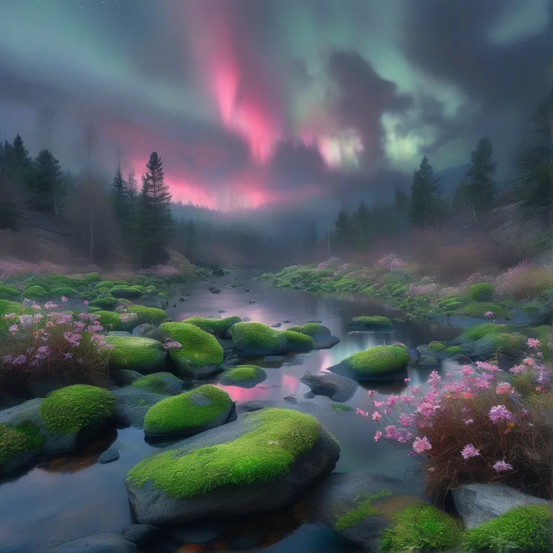 Aurora Over Mossy Rocks