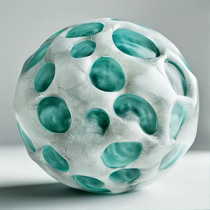 A spherical object featuring a cracked white shell and smooth teal interior is positioned against a neutral grey backdrop.