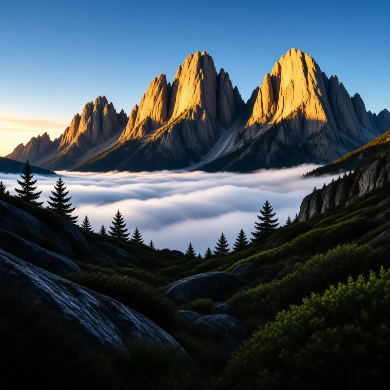Tall jagged mountain summits bathe in warm sunlight while a thick blanket of white clouds fills the valley below.