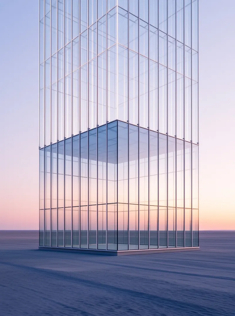 A transparent glass cube with a tall lattice frame stands alone on a vast flat plain under a pastel sunset sky.