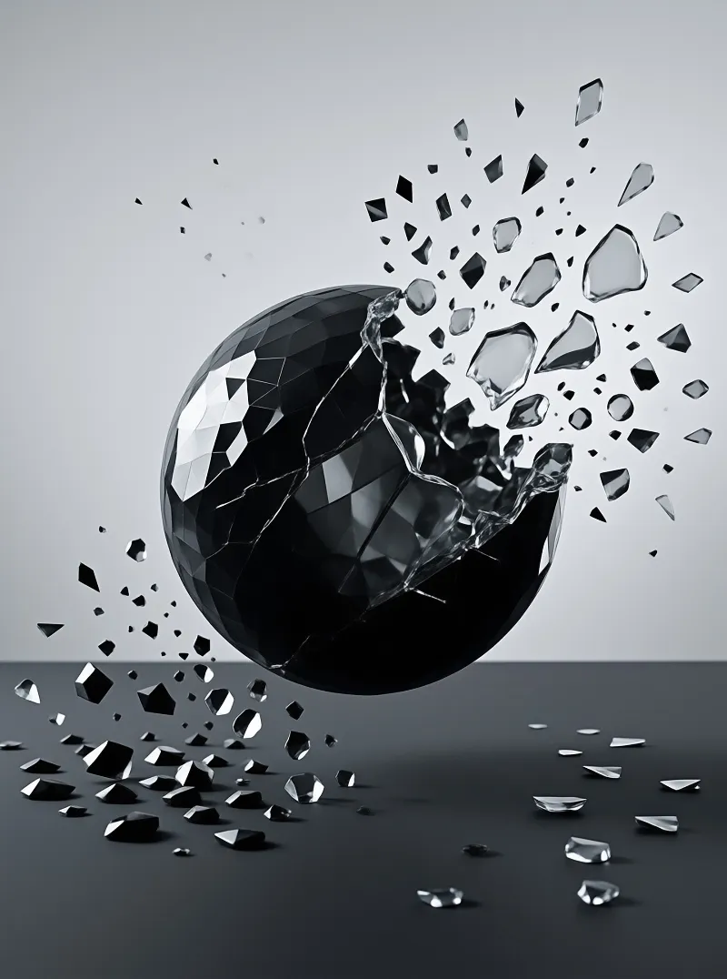 A black faceted sphere in mid-air shatters, sending clear glass fragments flying upwards and scattering across the dark floor.