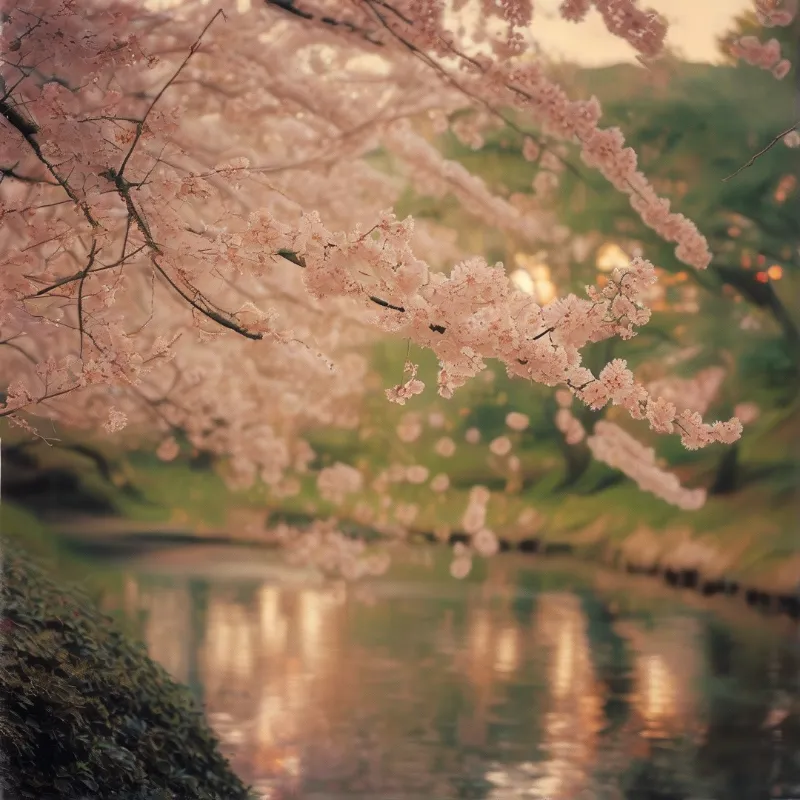 Pink sakura flowers hang from branches above a calm stream where sunlight creates warm reflections on the water.