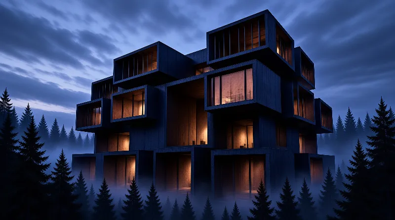 A dark angular building sits among evergreen trees under a blue sky while warm light shines from its windows at dusk.