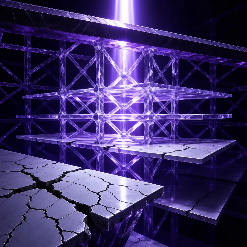 A shattered marble platform rests on intersecting crystal supports glowing with intense violet light in a dark setting.