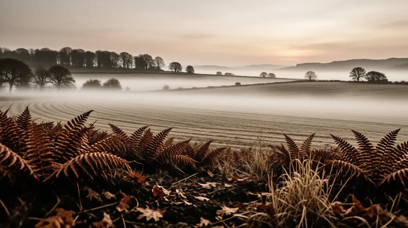 Dry brown ferns sit in the foreground overlooking a low fog covering a ploughed rural field under a pale pre-dawn sky.