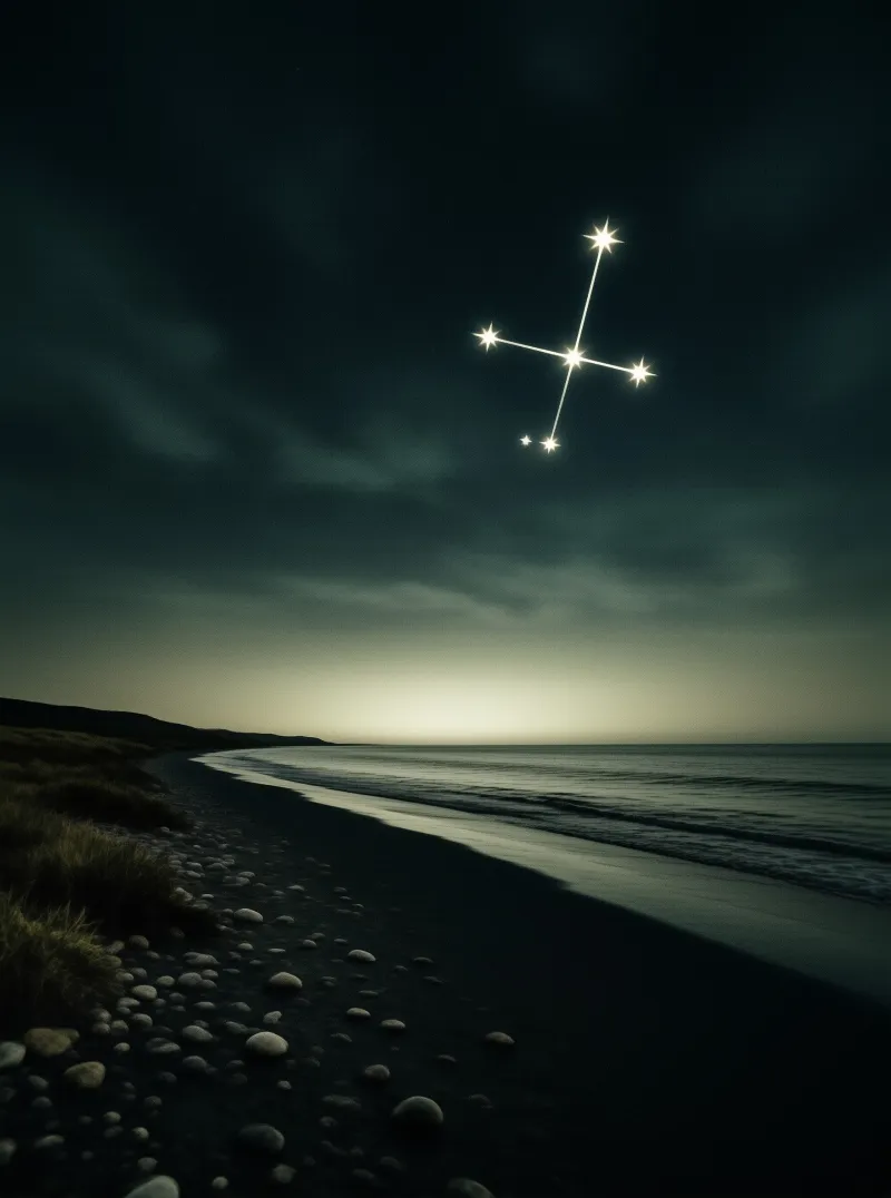 Dark pebbled beach curves toward the ocean under a sky featuring a bright star pattern.