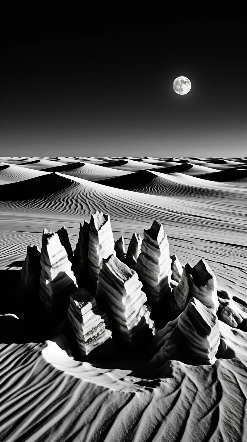 Black and white view of eroded rock spires rising from rippled sand dunes beneath a dark sky featuring a bright moon.