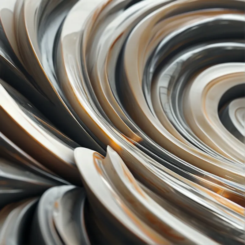 Close-up of layered curved strips in cream gray and orange forming a spiraling tunnel