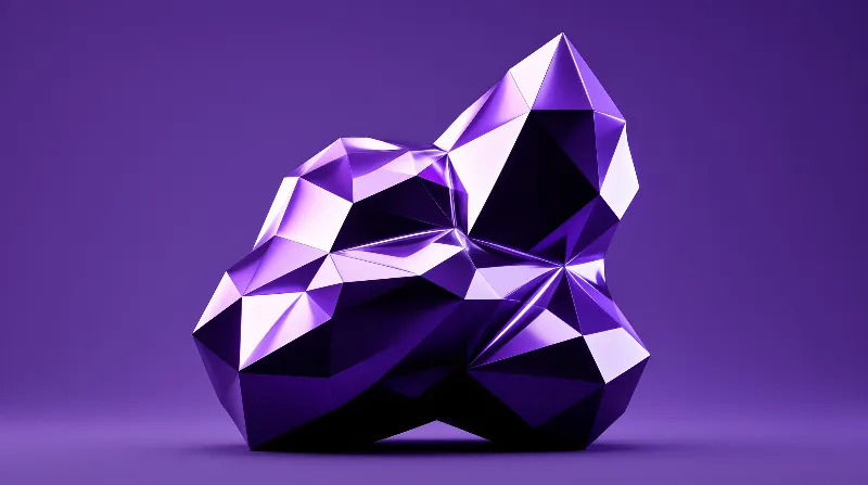 A faceted purple crystal object sits on a violet surface, catching bright highlights on its sharp geometric edges.