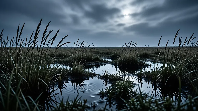 Tall silhouetted grasses stand in a flooded wetland under a dark cloudy sky with the sun peeking through.